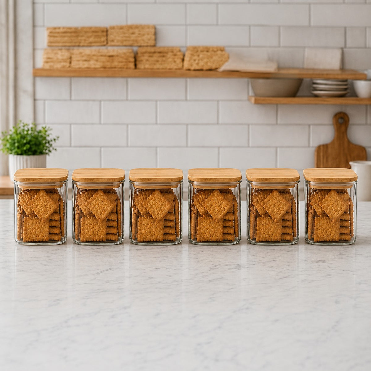 CP Premium Glass Storage Containers Set of 6 | 685 ML Square Glass Jars with Wooden Lids | Kitchen Pantry Organizer for Cookies, Biscuits, Dry Fruits, Snacks, Tea, Coffee, Sugar, Oats & Cereals