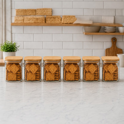 CP Premium Glass Storage Containers Set of 6 | 685 ML Square Glass Jars with Wooden Lids | Kitchen Pantry Organizer for Cookies, Biscuits, Dry Fruits, Snacks, Tea, Coffee, Sugar, Oats & Cereals