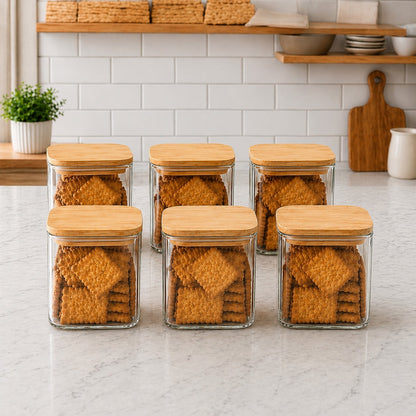 CP Premium Glass Storage Containers Set of 6 | 685 ML Square Glass Jars with Wooden Lids | Kitchen Pantry Organizer for Cookies, Biscuits, Dry Fruits, Snacks, Tea, Coffee, Sugar, Oats & Cereals