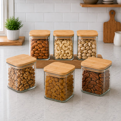 CP Premium Glass Storage Containers Set of 6 | 685 ML Square Glass Jars with Wooden Lids | Kitchen Pantry Organizer for Cookies, Biscuits, Dry Fruits, Snacks, Tea, Coffee, Sugar, Oats & Cereals