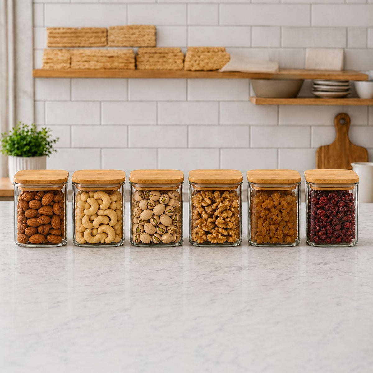 CP Premium Glass Storage Containers Set of 6 | 685 ML Square Glass Jars with Wooden Lids | Kitchen Pantry Organizer for Cookies, Biscuits, Dry Fruits, Snacks, Tea, Coffee, Sugar, Oats & Cereals