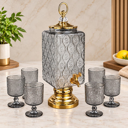 Embossed Glass Beverage Dispenser with Golden Stand, Tap & 6 Matching Glasses