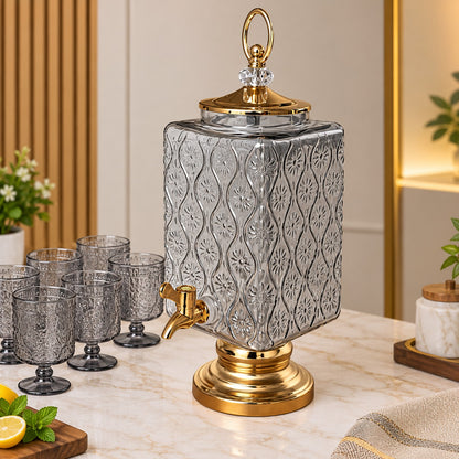 Embossed Glass Beverage Dispenser with Golden Stand, Tap & 6 Matching Glasses