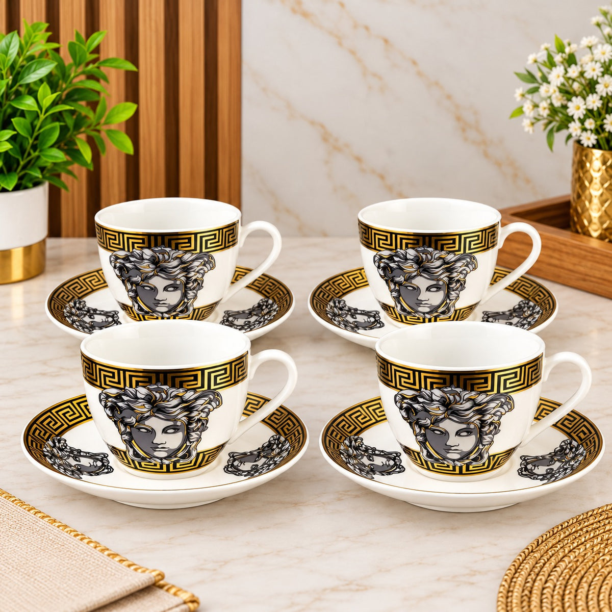 Black & Gold Designer Tea Cup & Saucer Set – Set of 6