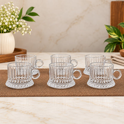Ribbed Glass Tea & Coffee Cups – Set of 6 | Elegant Clear Glass Cups with Handle