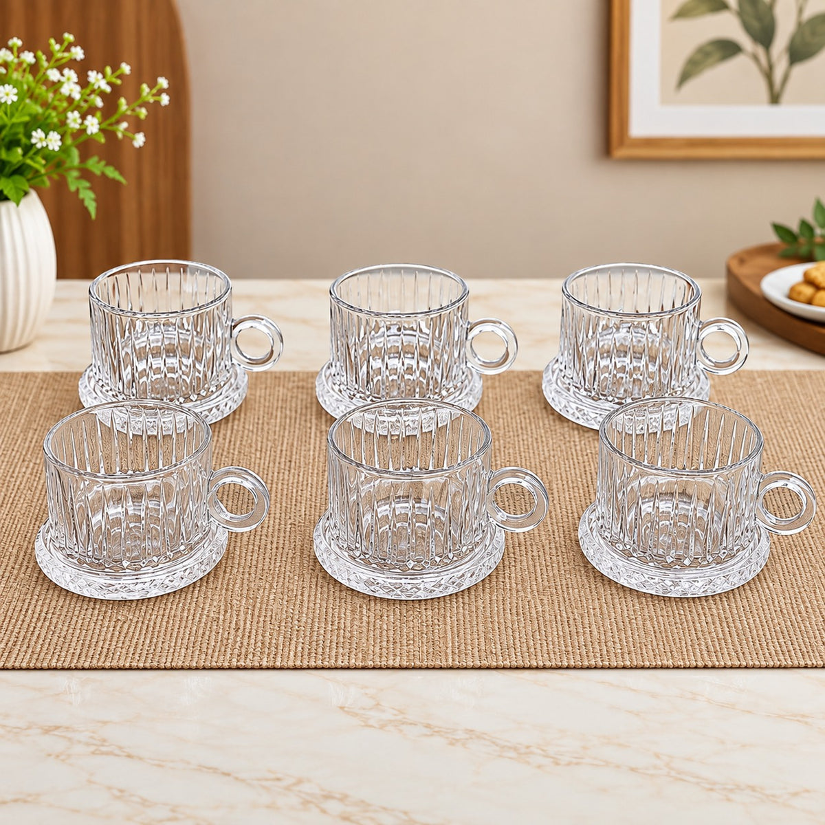 Ribbed Glass Tea & Coffee Cups – Set of 6 | Elegant Clear Glass Cups with Handle