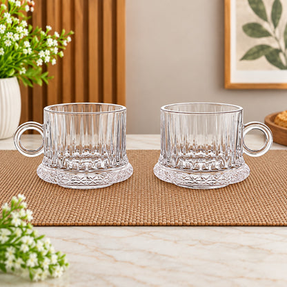 Ribbed Glass Tea & Coffee Cups – Set of 6 | Elegant Clear Glass Cups with Handle