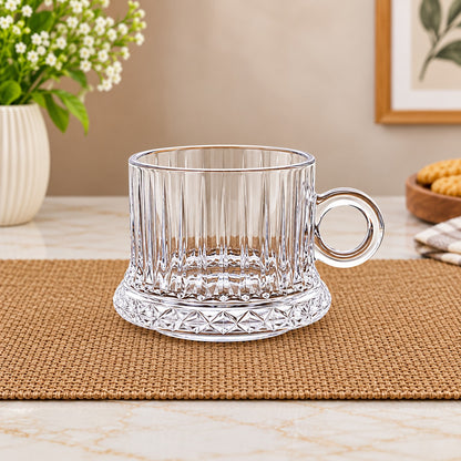 Ribbed Glass Tea & Coffee Cups – Set of 6 | Elegant Clear Glass Cups with Handle