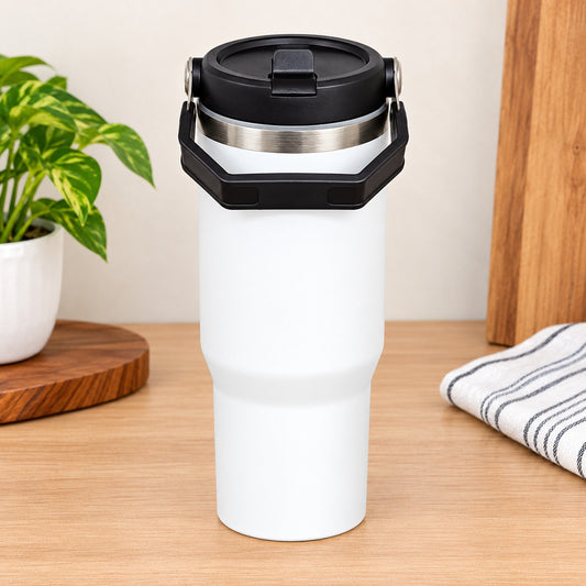 Insulated Stainless Steel Travel Tumbler with Handle & Flip Lid – White