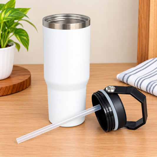 Insulated Stainless Steel Travel Tumbler with Handle & Flip Lid – White
