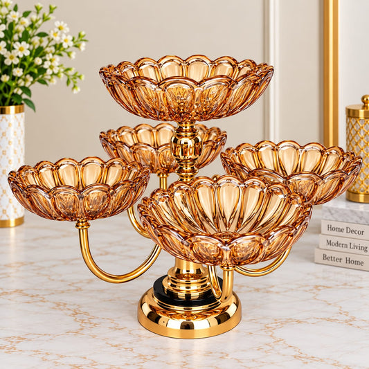 Premium 5-Piece Golden Floral Serving Bowl Set with Decorative Stand