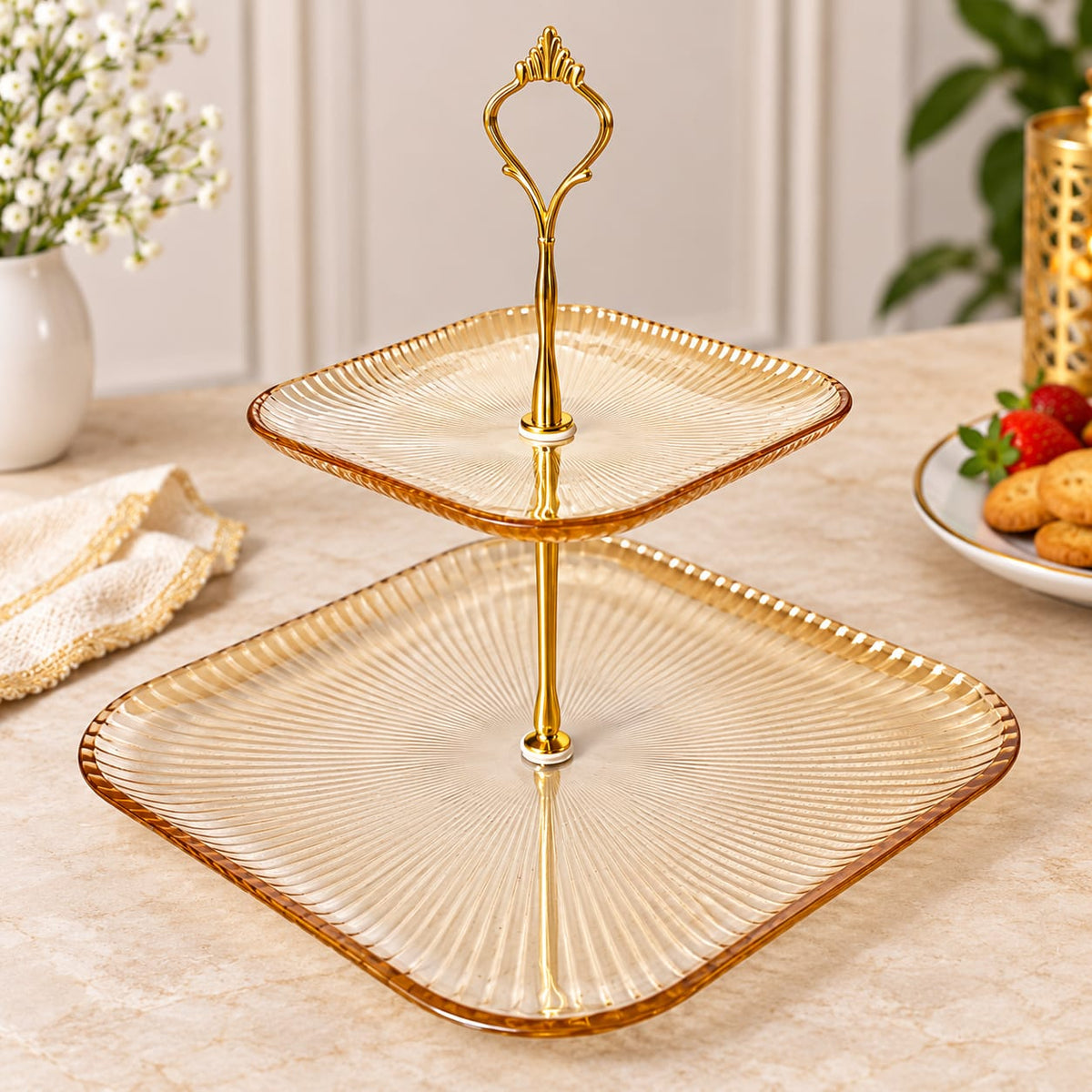 2-Tier Golden Glass Serving Tray with Decorative Handle