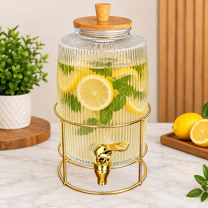 Glass Beverage Dispenser with Golden Stand & Bamboo Lid