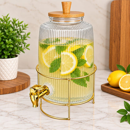 Glass Beverage Dispenser with Golden Stand & Bamboo Lid