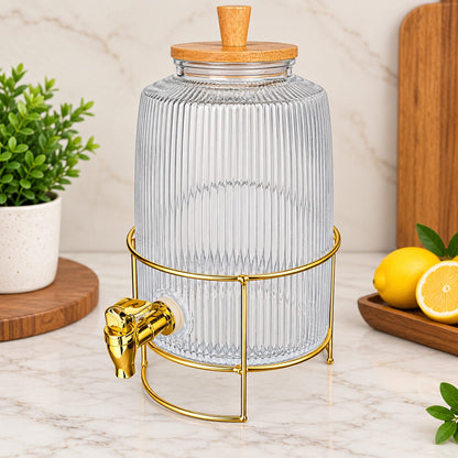 Glass Beverage Dispenser with Golden Stand & Bamboo Lid