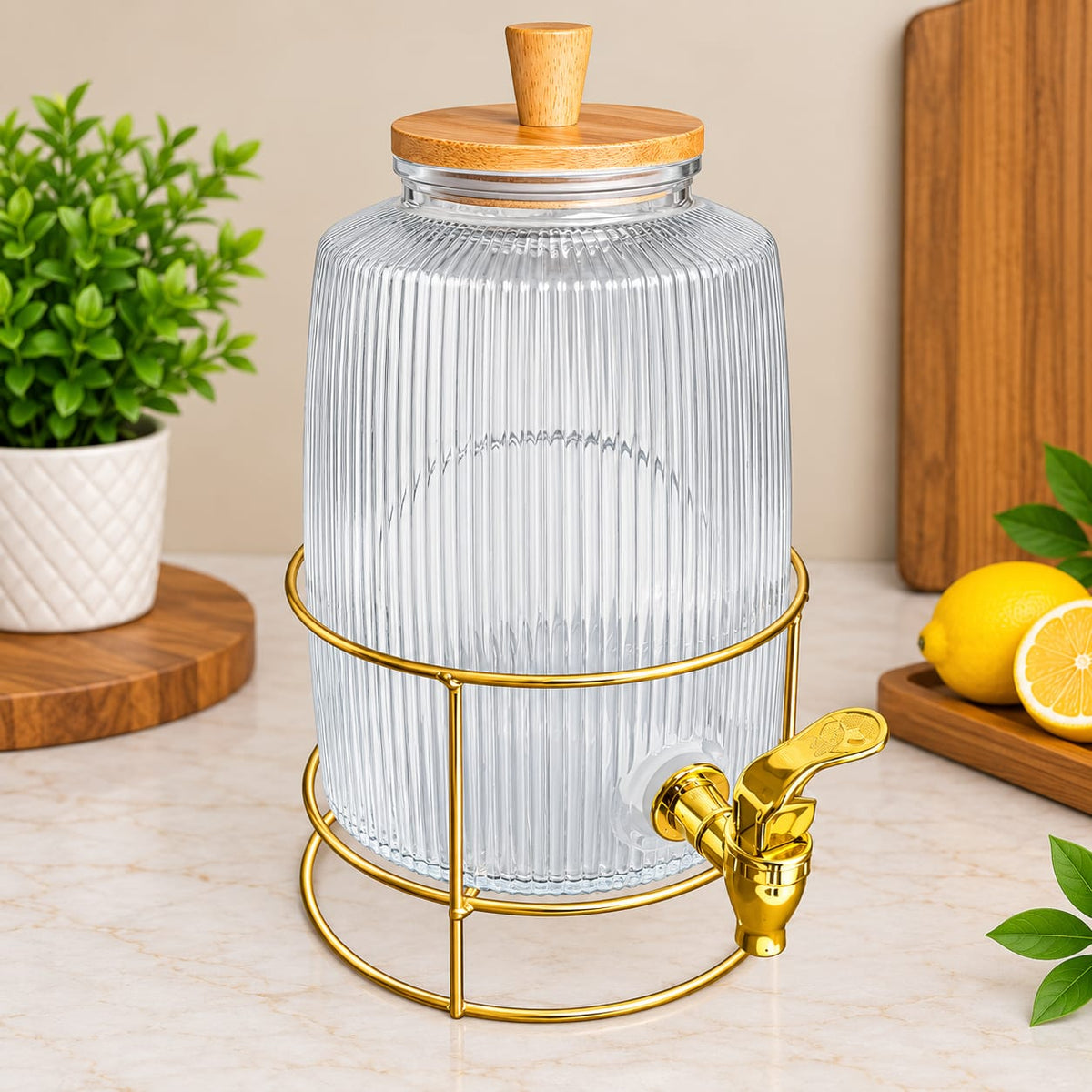 Glass Beverage Dispenser with Golden Stand & Bamboo Lid