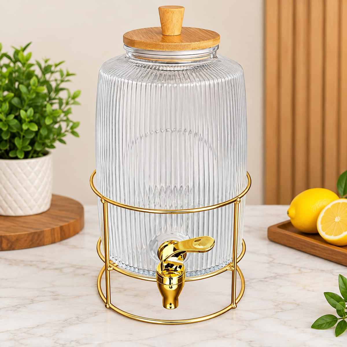 Glass Beverage Dispenser with Golden Stand & Bamboo Lid