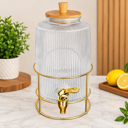 Glass Beverage Dispenser with Golden Stand & Bamboo Lid