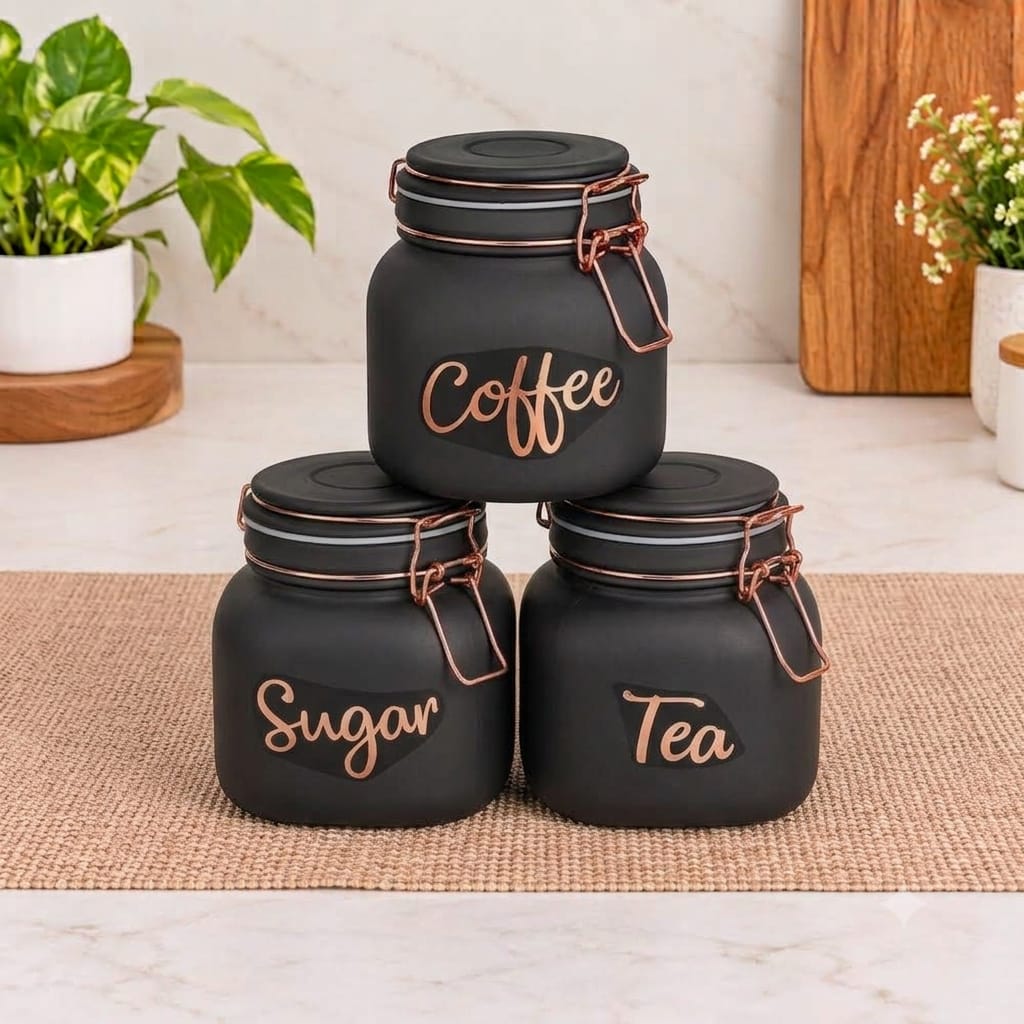 3-Piece Black Kitchen Storage Jar Set with Copper Finish