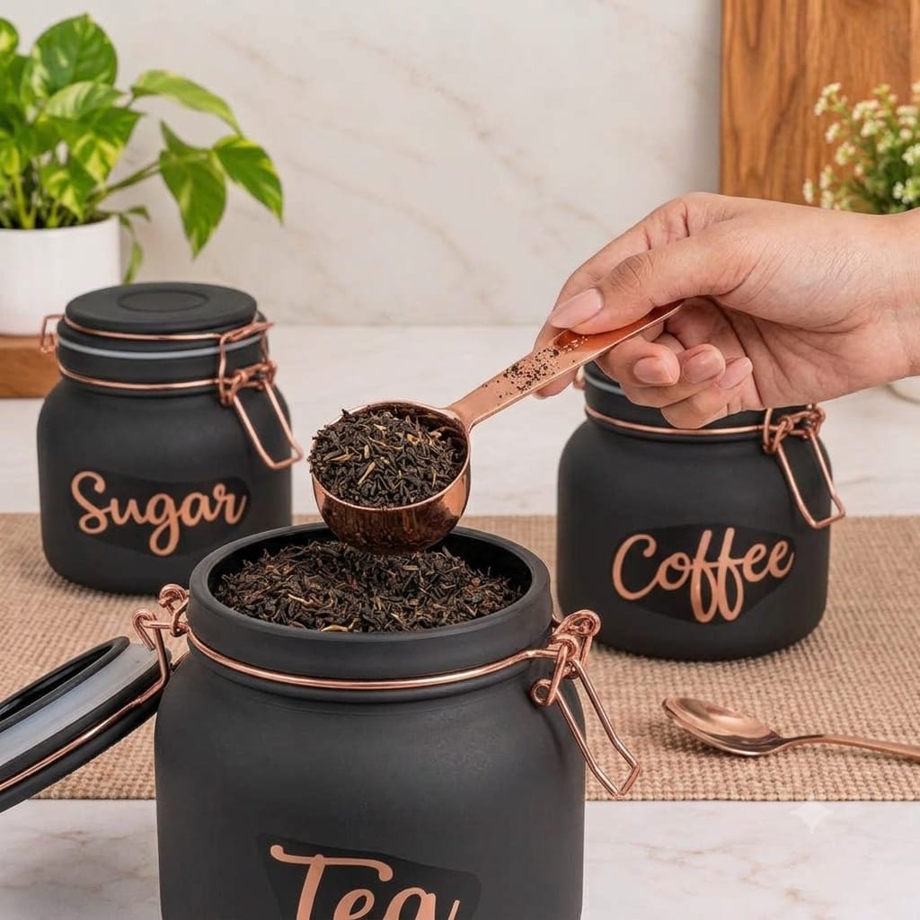 3-Piece Black Kitchen Storage Jar Set with Copper Finish