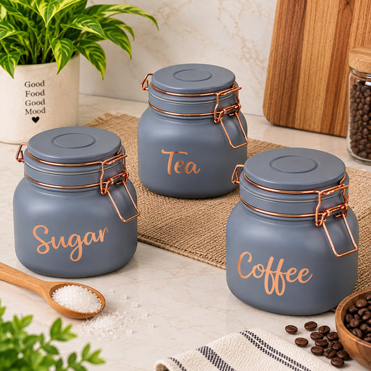 Premium Sugar, Tea & Coffee Storage Canister Set of 3 | Grey Clamp-Lid Kitchen Jars