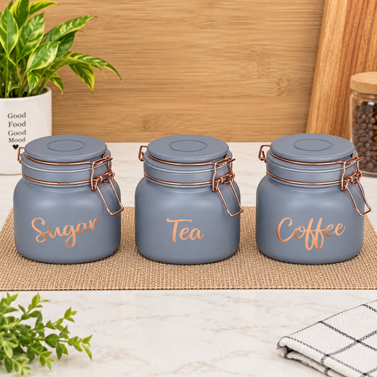 Premium Sugar, Tea & Coffee Storage Canister Set of 3 | Grey Clamp-Lid Kitchen Jars