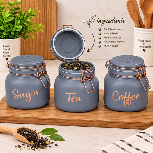 Premium Sugar, Tea & Coffee Storage Canister Set of 3 | Grey Clamp-Lid Kitchen Jars