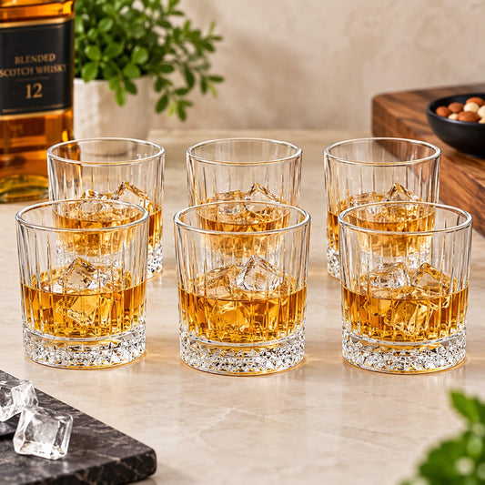 Premium Ribbed Whiskey Glass Set – 6 Pcs
