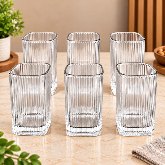 Elegant Ribbed Glass Tumbler Set – 6 Pcs