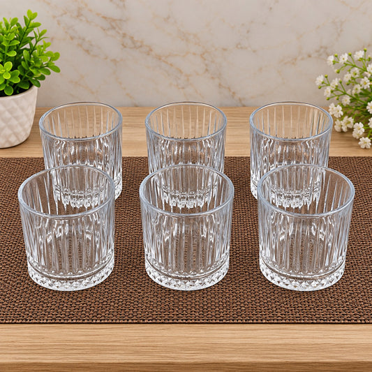 Ribbed Glass Tumbler Set of 6 | Clear Drinking Glasses with Decorative Base