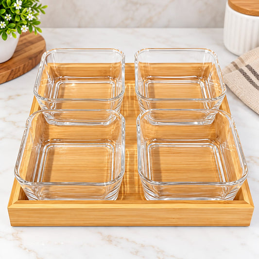 4-Piece Glass Bowl Set with Bamboo Serving Tray