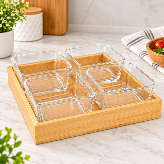 4-Piece Glass Bowl Set with Bamboo Serving Tray