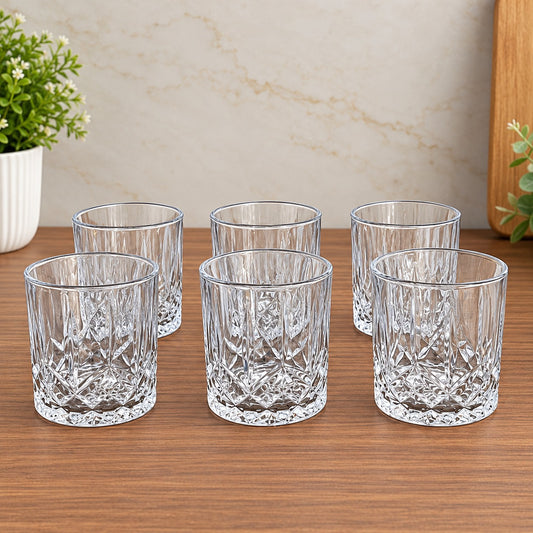 Cut-Design Glass Tumbler Set of 6 | Elegant Clear Drinking Glasses