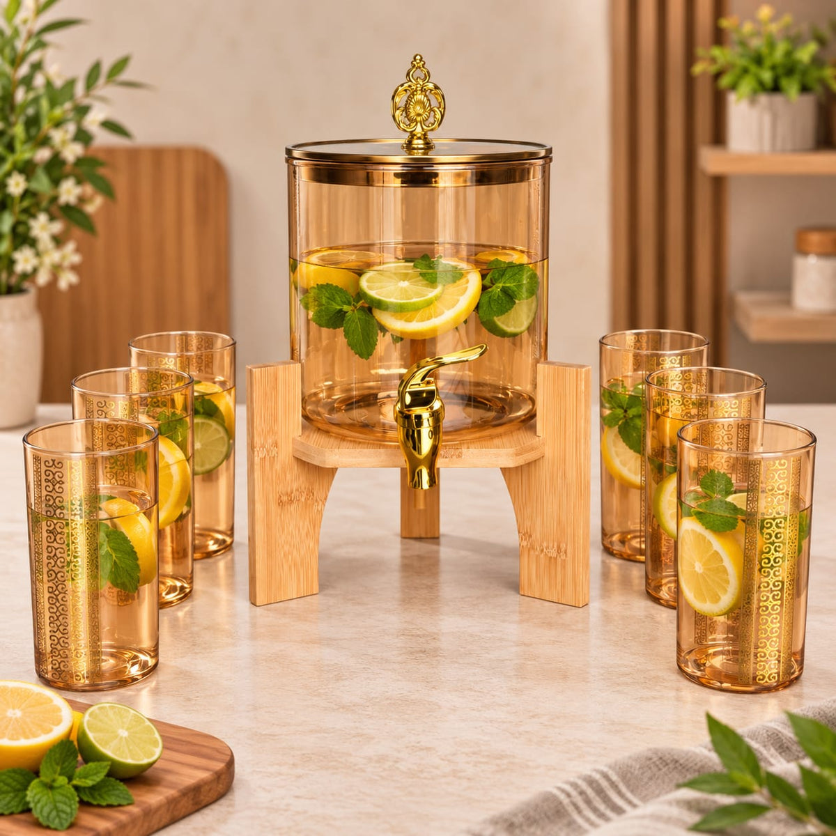 Glass Beverage Dispenser with Bamboo Stand & 6-Piece Glass Set