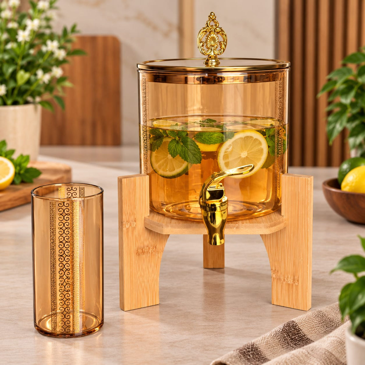 Glass Beverage Dispenser with Bamboo Stand & 6-Piece Glass Set