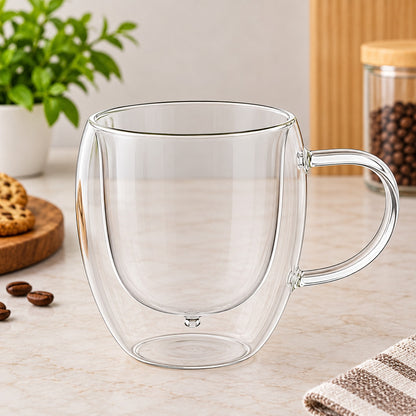250ML Double Wall Glass Coffee Mug with Handle – 1 Pc | Clear Tea & Coffee Cup