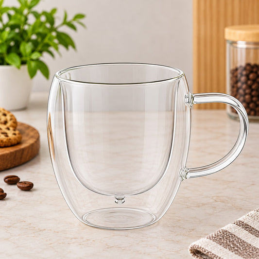 250ML Double Wall Glass Coffee Mug with Handle – 1 Pc | Clear Tea & Coffee Cup