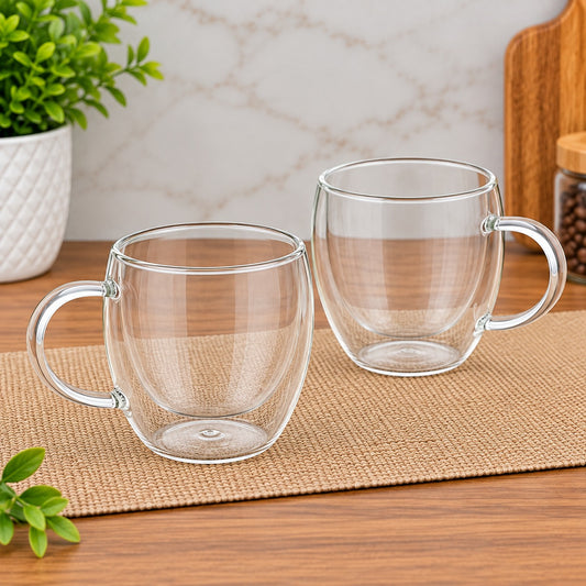 250ML Double Wall Glass Coffee Mug Set of 2 | Clear Tea & Coffee Cups with Handle