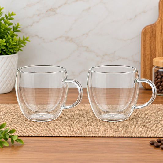 250ML Double Wall Glass Coffee Mug Set of 2 | Clear Tea & Coffee Cups with Handle