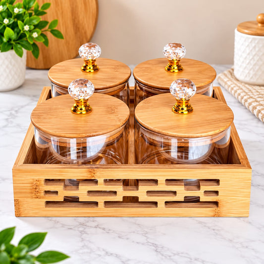 4-Piece Glass Storage Jar Set with Bamboo Lids & Wooden Organizer Tray