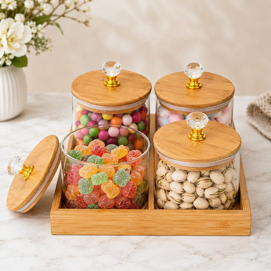 Premium 4-Piece Glass Storage Jar Set with Bamboo Lids & Wooden Tray