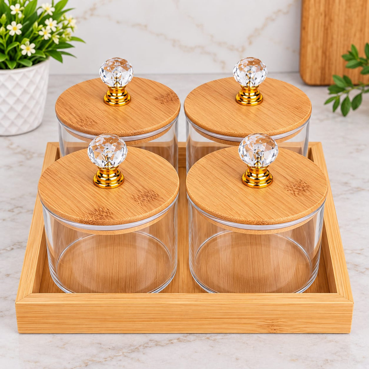 Premium 4-Piece Glass Storage Jar Set with Bamboo Lids & Wooden Tray