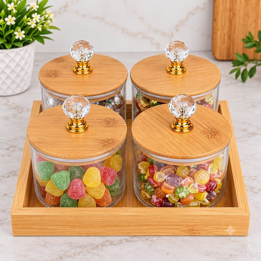 Premium 4-Piece Glass Storage Jar Set with Bamboo Lids & Wooden Tray