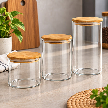 3 Piece Clear Glass Storage Jar Set with Bamboo Lids – Assorted Sizes