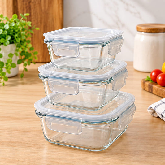 Square Glass Food Storage Container Set of 3 | Clip-Lock Lids | Multipurpose Kitchen Containers