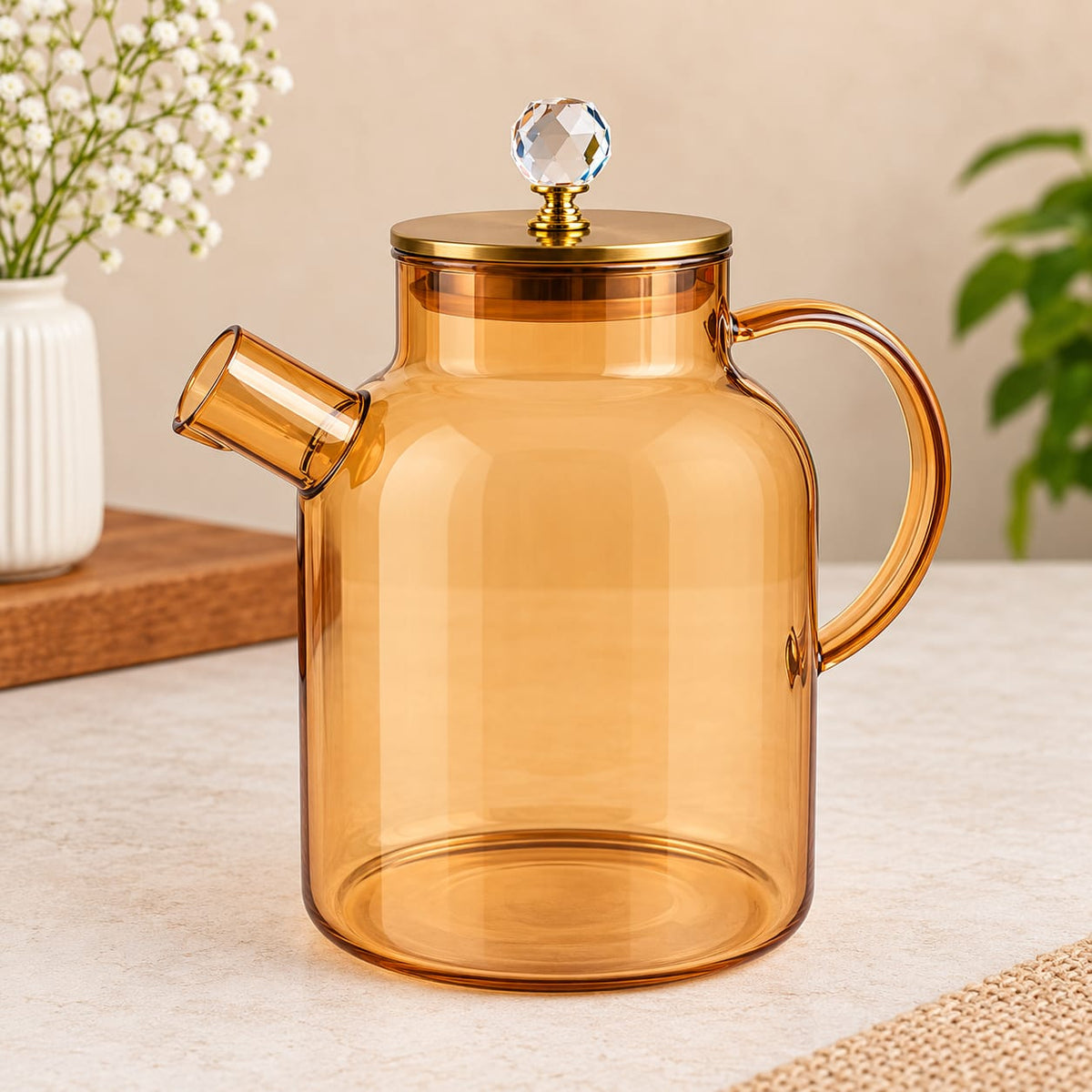 Elegant Amber Glass Water Jug with Golden Lid & Handle