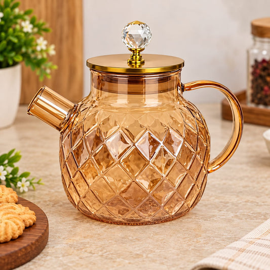 Premium Textured Glass Tea Kettle with Golden Finish & Crystal Knob