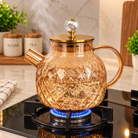 Premium Textured Glass Tea Kettle with Golden Finish & Crystal Knob