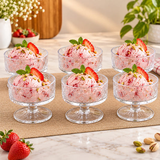 Elegant Floral Embossed Glass Ice Cream Bowls – Set of 6