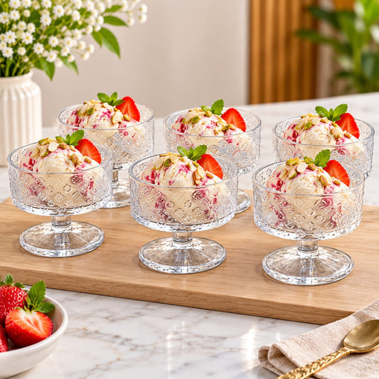 Elegant Floral Embossed Glass Ice Cream Bowls – Set of 6